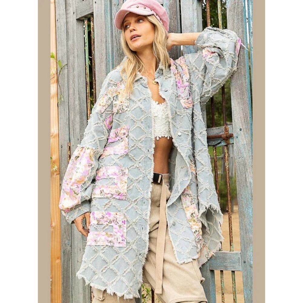 POL Frayed Patchwork Denim Shacket